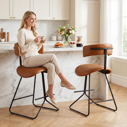 Bar Stools Set of 2, Fabric/PU Leather Upholstered Bar Chairs with Curved Back