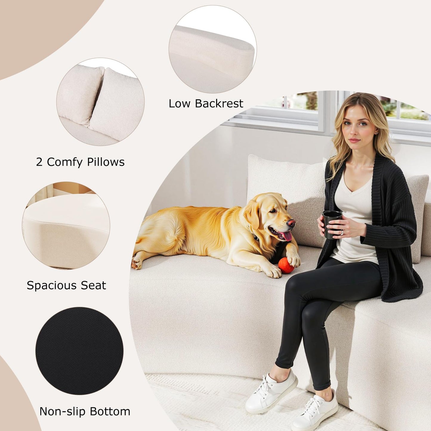 Upholstered Curved Sofa with 2 Cozy Pillows and Low Backrest