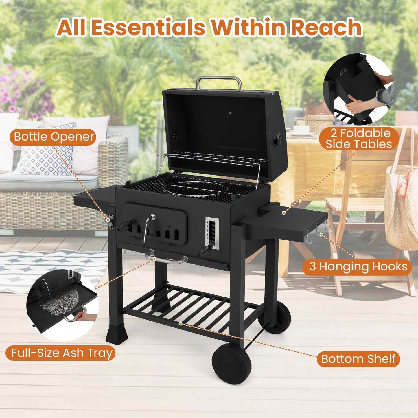 Barrel Charcoal Grill with 2 Folding Side Tables for Camping Picnic