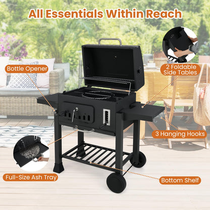 Barrel Charcoal Grill with 2 Folding Side Tables for Camping Picnic