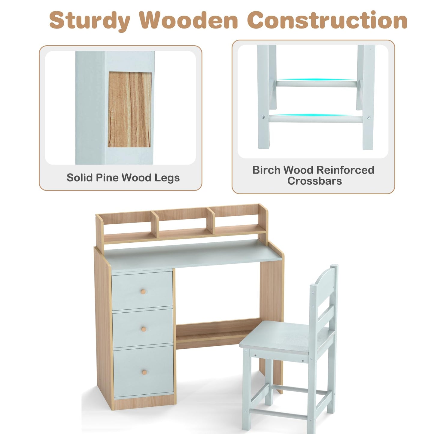 Kids Table and Chair Set, Wooden Children Desk and Chair with 3 Drawers