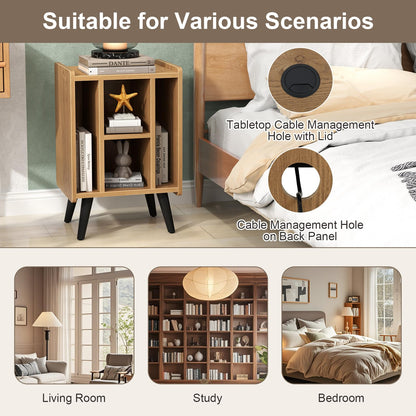 Record Player Stand with 4 Open Shelves Power Outlet USB Charging Port