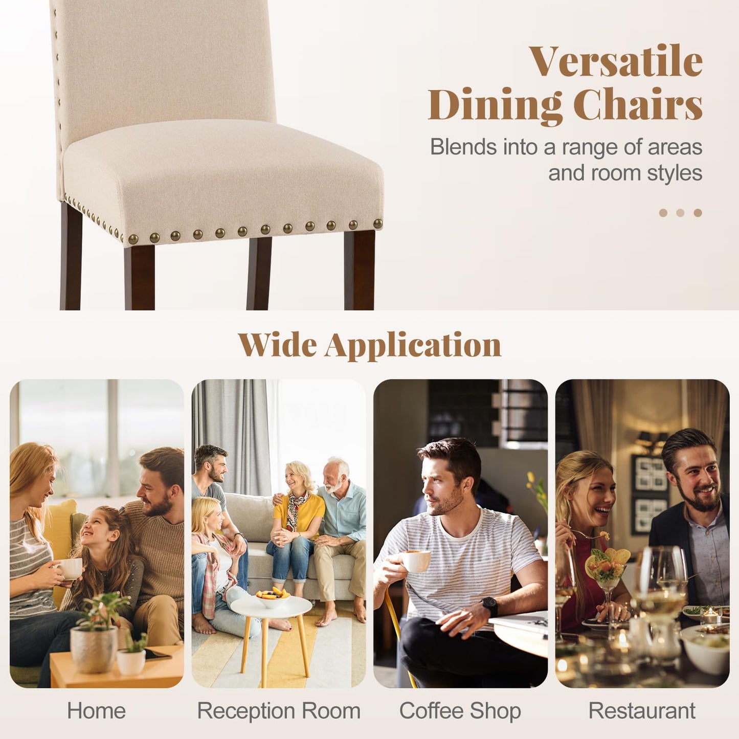 Set of 2 Dining Chairs with High Back, and Solid Rubber Wood Legs