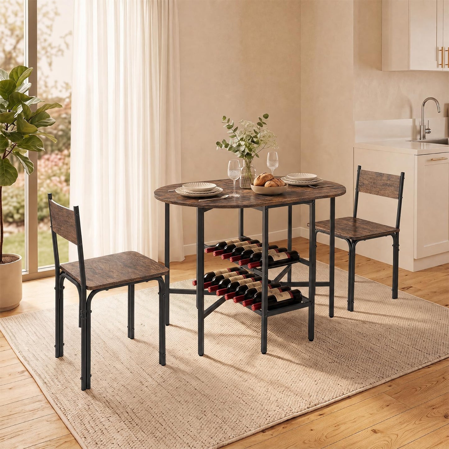3-Piece Drop Leaf Dining Table Set with 2 Chairs and 2-Tier Storage Shelves for Kitchen
