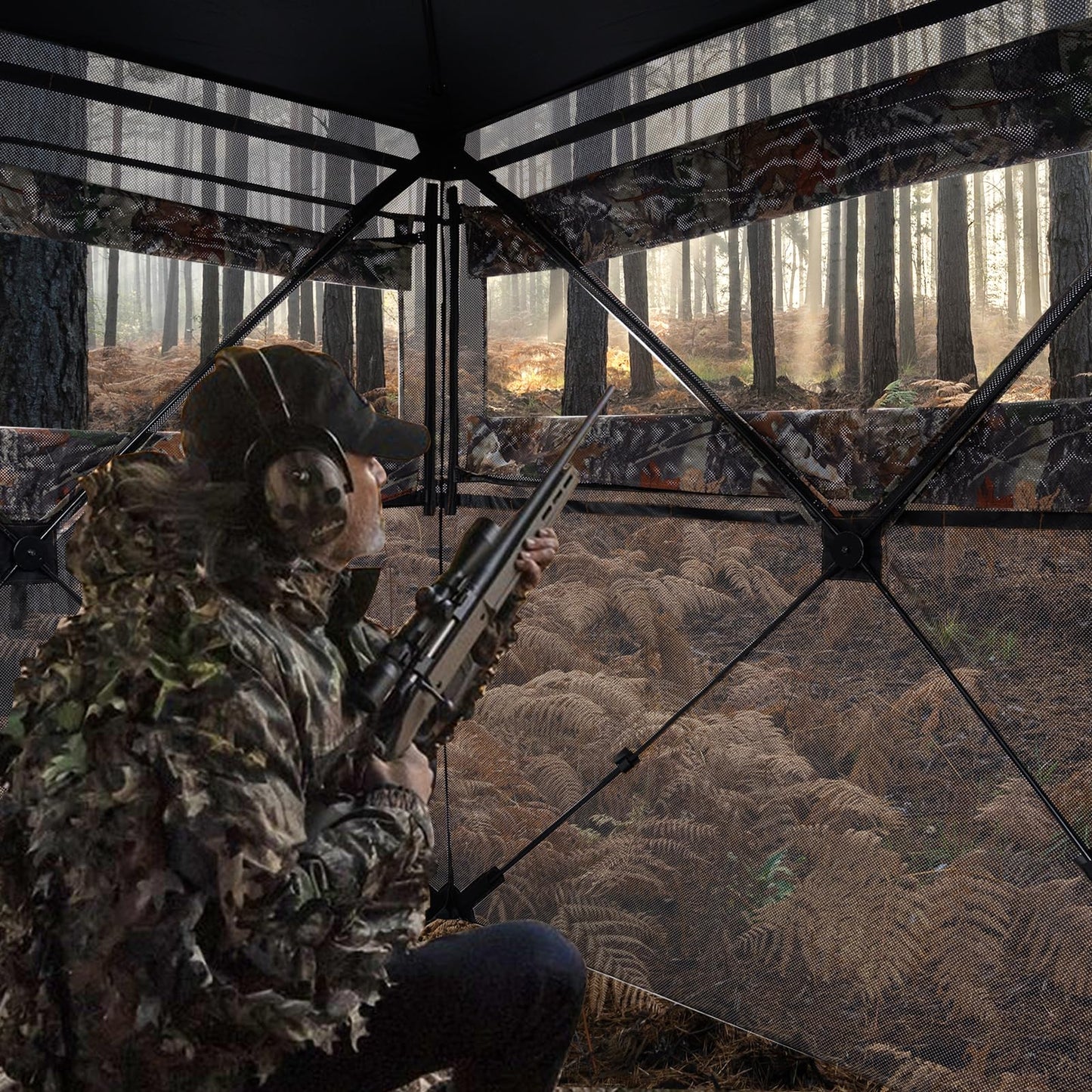 360 Degree One-way See-through Hunting Blind 4 People Ground Blind with Silent-slide Windows