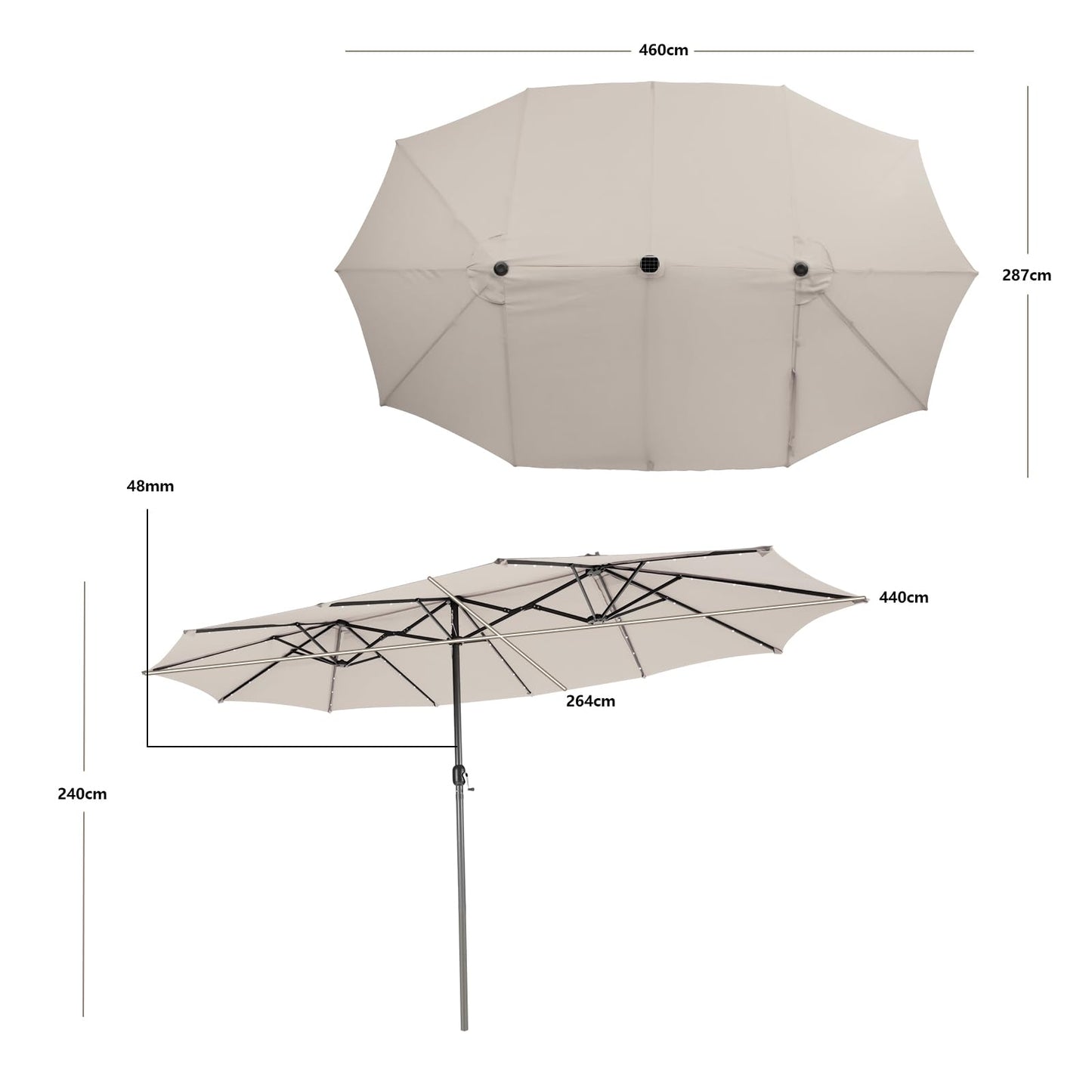 4.5m Large Patio Umbrella with 48 Solar-Powered LED Lights