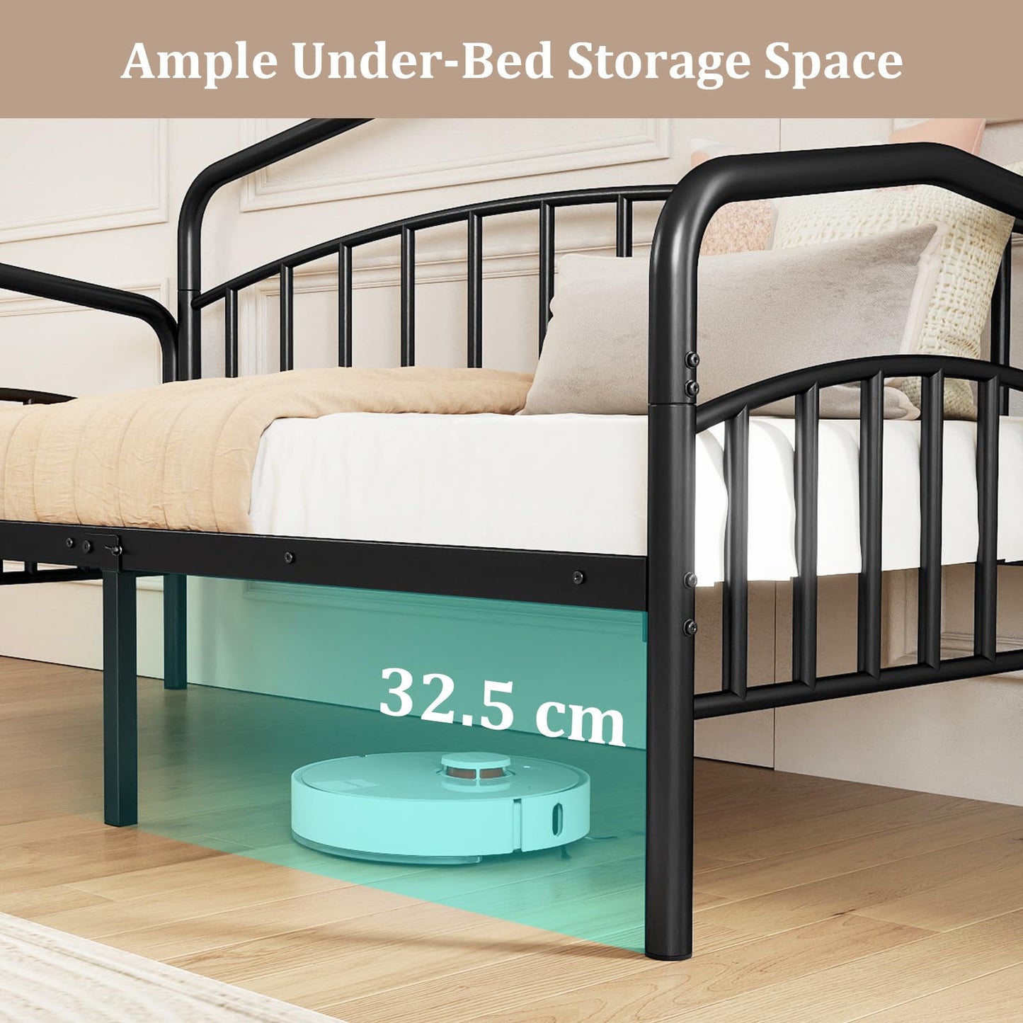 Metal Day Bed with Trundle, Single Bed Frame with Headboard