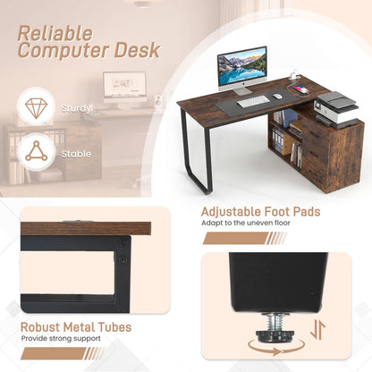 L Shaped Computer Desk with 3 Drawers and 2 Shelves, 140 cm Reversible Home Office Corner Desk