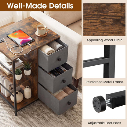 Side Table with Charging Station, Industrial Nightstand Bedside Cabinet