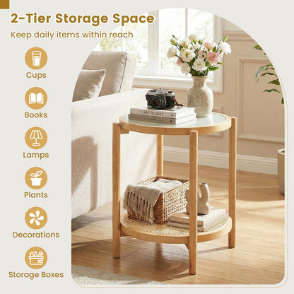 2-Tier Boho End Table with Tempered Glass Top for Living Room
