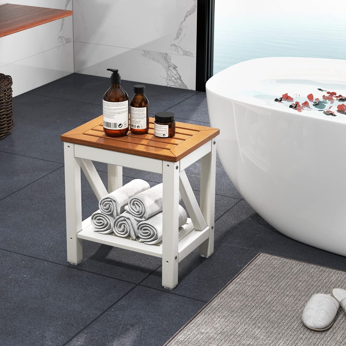 Shower Stool, HDPE Slatted Bathtub Shower Chair with Anti-Slip Foot Pads