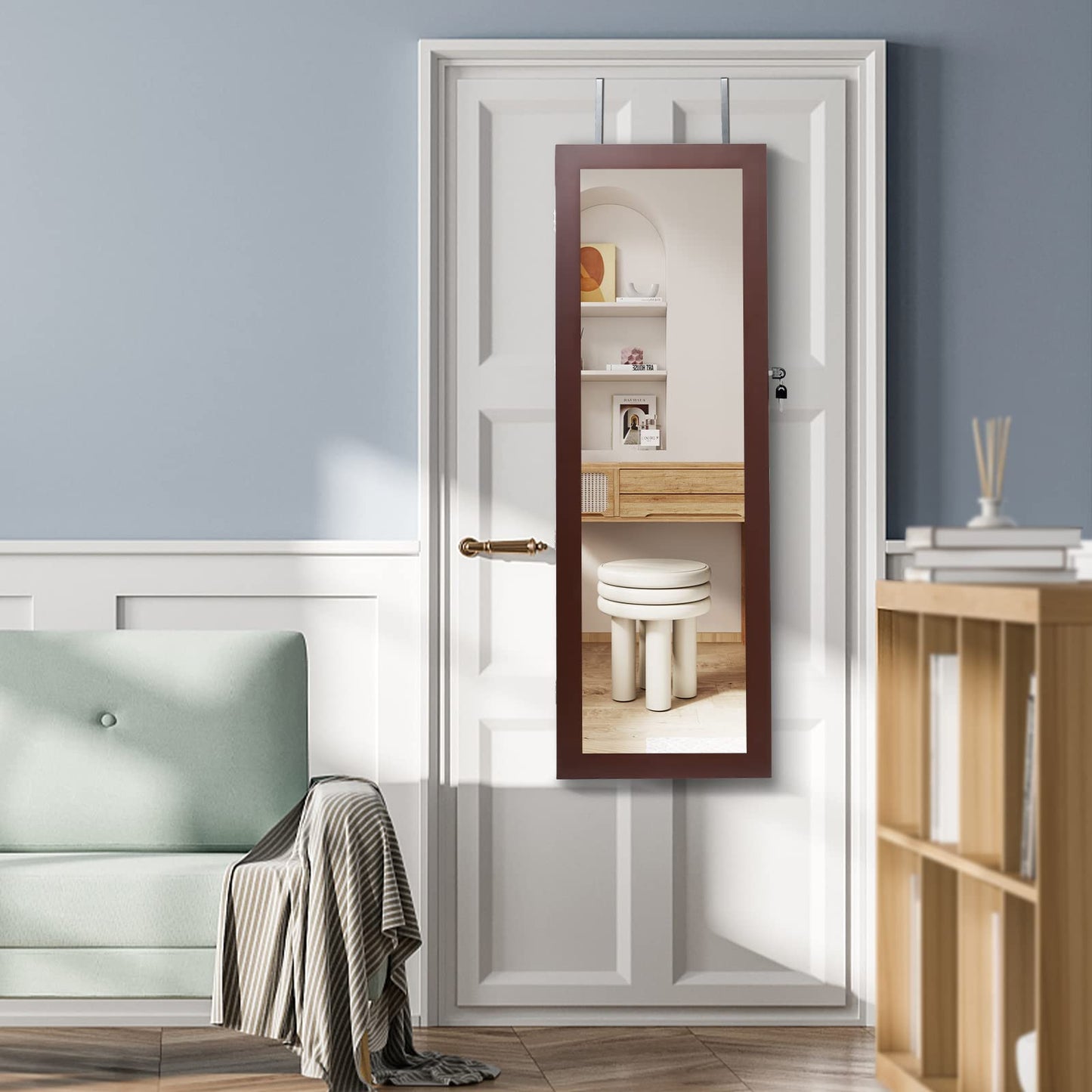 Lockable Jewelry Cabinet with Full Length Mirror and LED Lights
