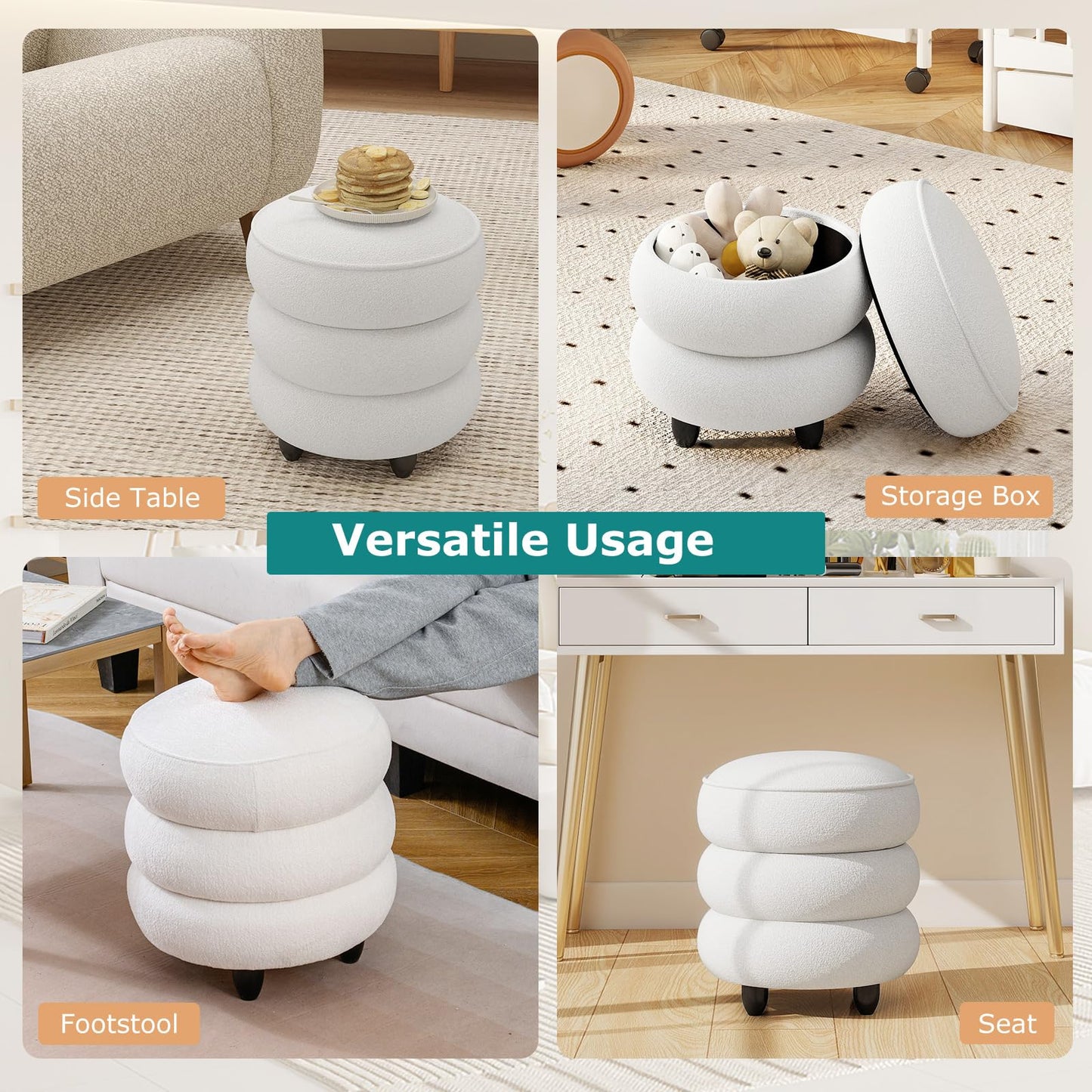 Modern Round Storage Ottoman with Removable Lid and Rubberwood Legs