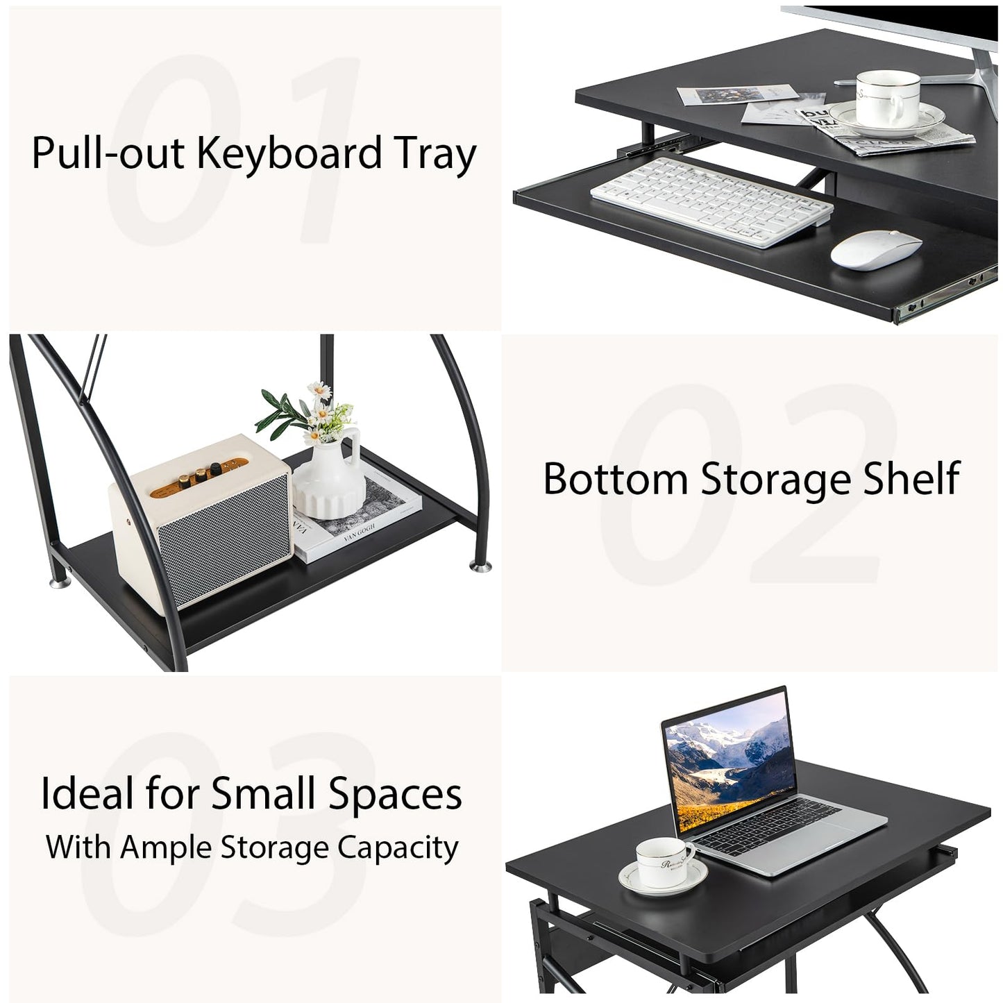 Computer Desk, 70cm PC Laptop Table with Pull-out Keyboard Tray