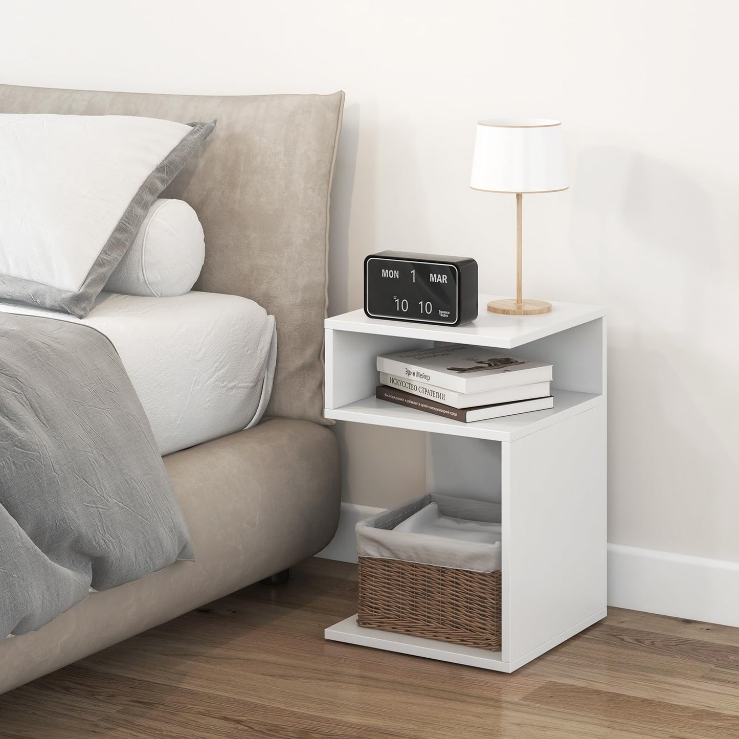 S-Shaped Side Table with 2 Open Compartments for Small Space