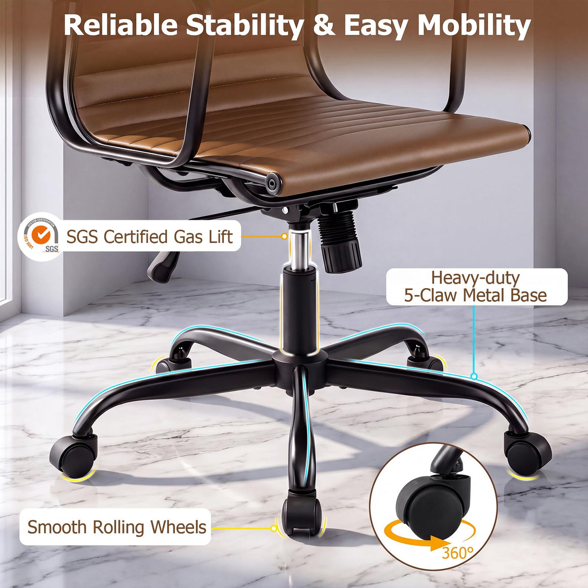 Ribbed Office Chair High Back PU Leather for Home Office with Adjustable Height