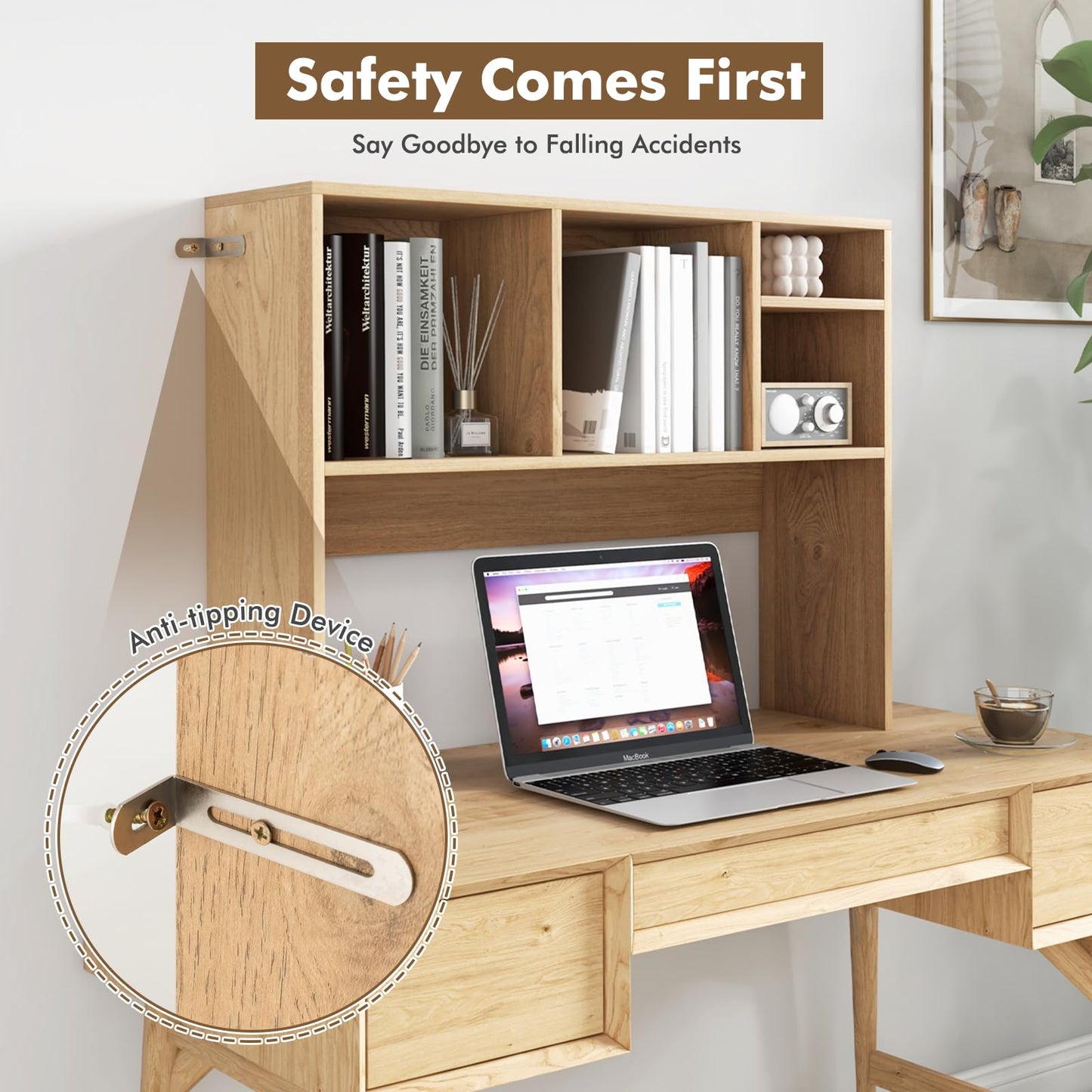 Computer Desktop Bookcase with 4 Cubbies and Open Back Compartment