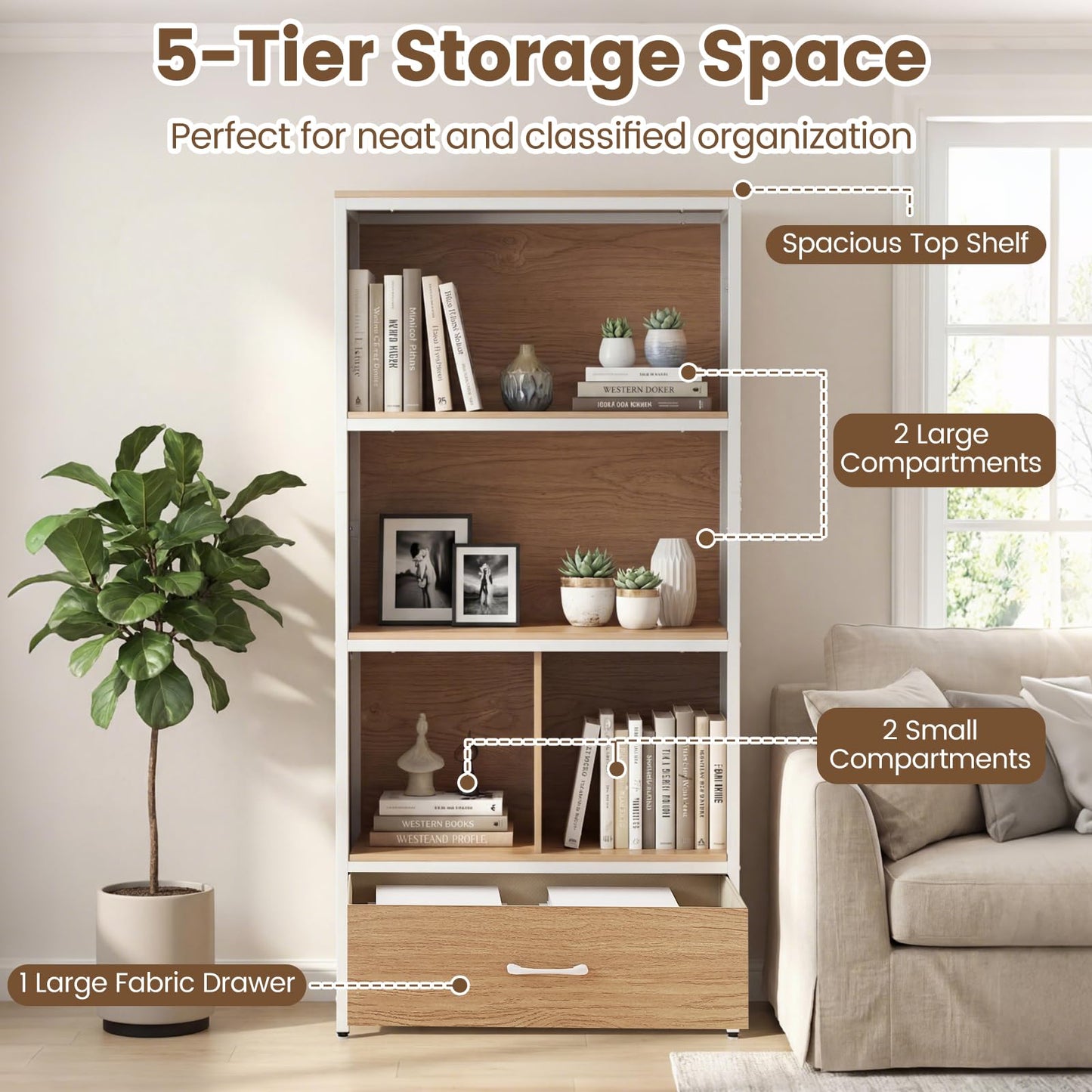 5-Tier Bookshelf, Freestanding Storage Bookcase Cabinet with 4 Storage Compartments