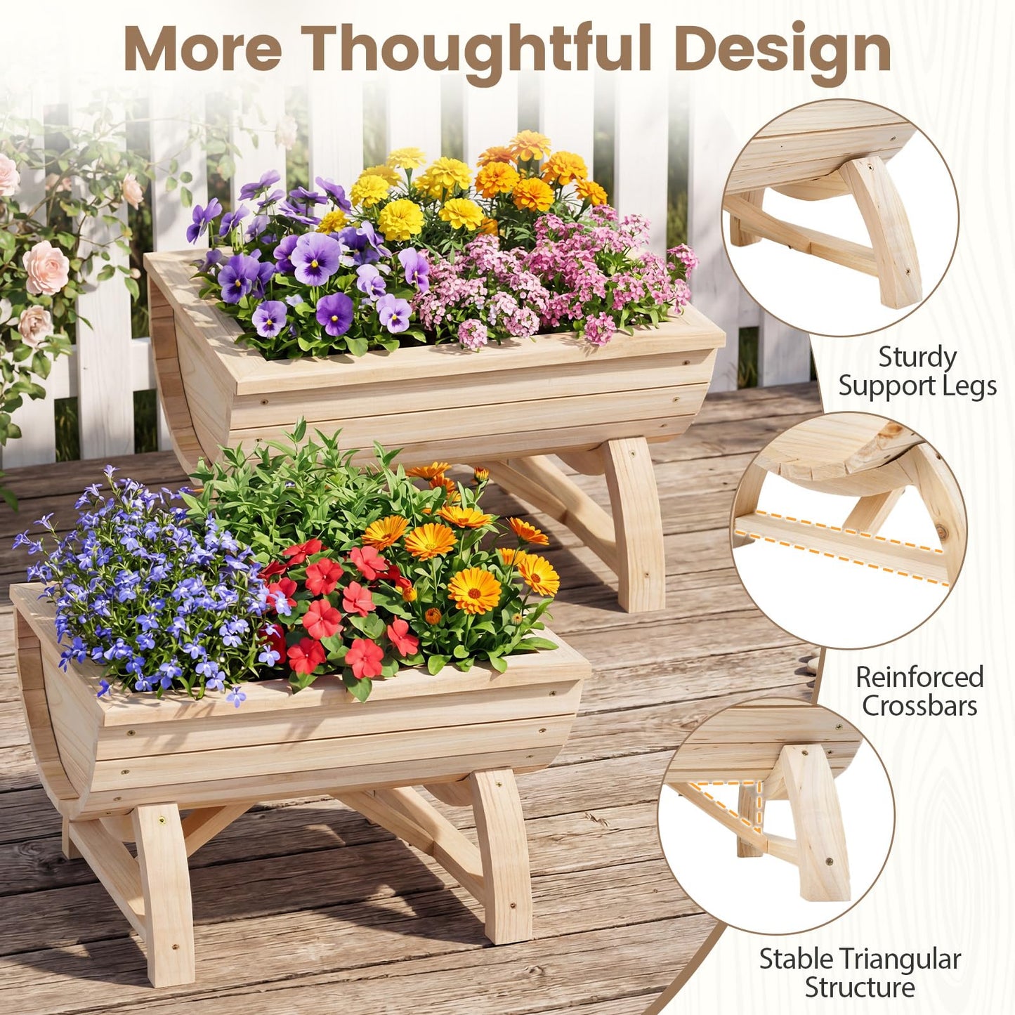 Set of 2 Raised Garden Bed, Half Barrel Fir Wood Planter Boxes with Legs
