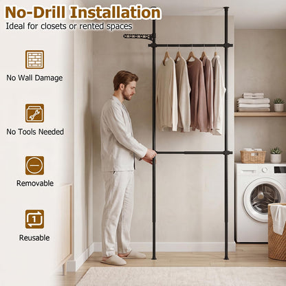 Adjustable Floor to Ceiling Clothes Rack with Double Rods & Folding Drying Rack for Laundry