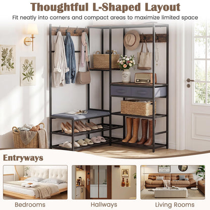Corner Hall Tree, Coat Rack Stand with Shoe Storage Bench, Shelves