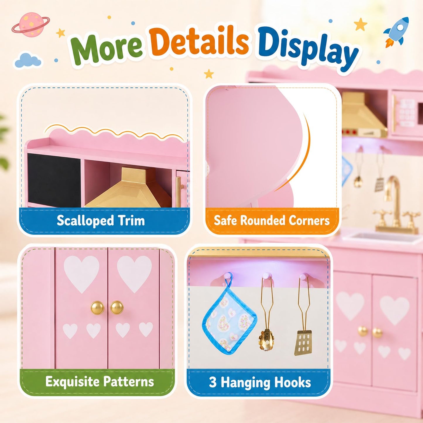 Kids Play Kitchen, Wooden Toy Kitchen with Stoves, Range Hood, Oven