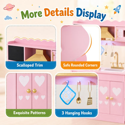 Kids Play Kitchen, Wooden Toy Kitchen with Stoves, Range Hood, Oven