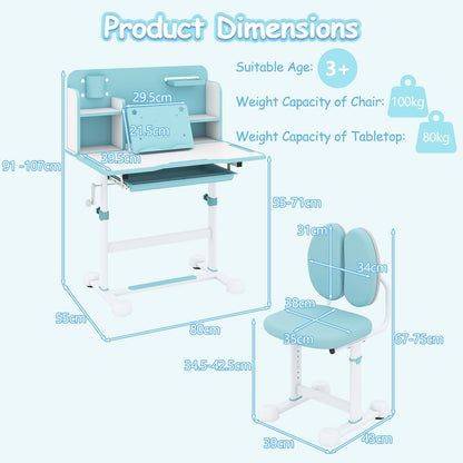 Kid's Study Desk and Chair Set with Tilt Desktop and Footrest Bar