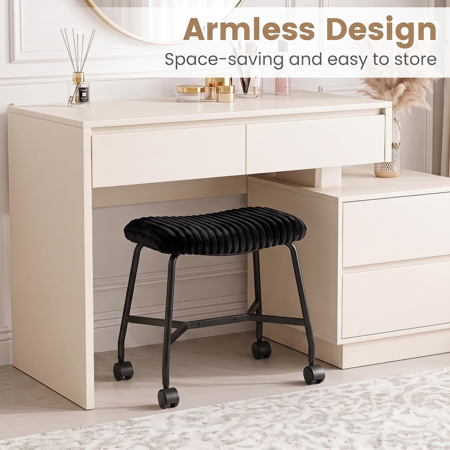 Rolling Makeup Vanity Stool Set of 2, Plush Accent Footrest
