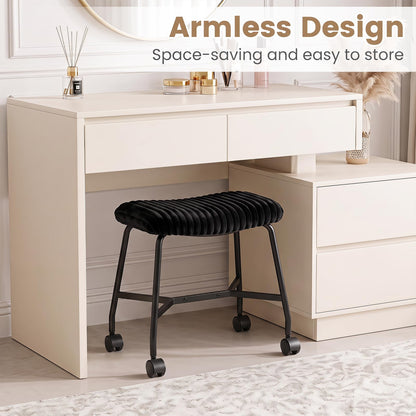 Rolling Makeup Vanity Stool Set of 2, Plush Accent Footrest