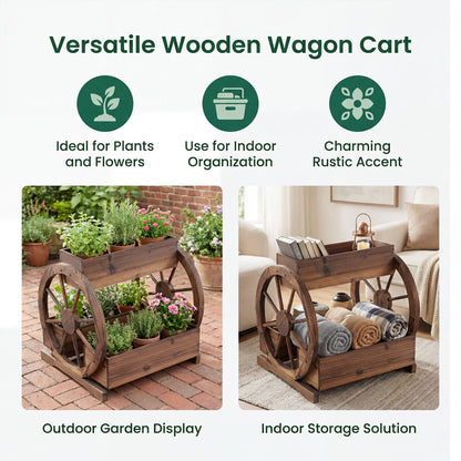 Wood Wagon Planter Box, 2-Tier Rustic Raised Garden Bed with Drainage Holes