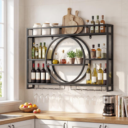 Wall Mounted Wine Rack, 5-Tier Hanging Bar Shelves with Glass Holder