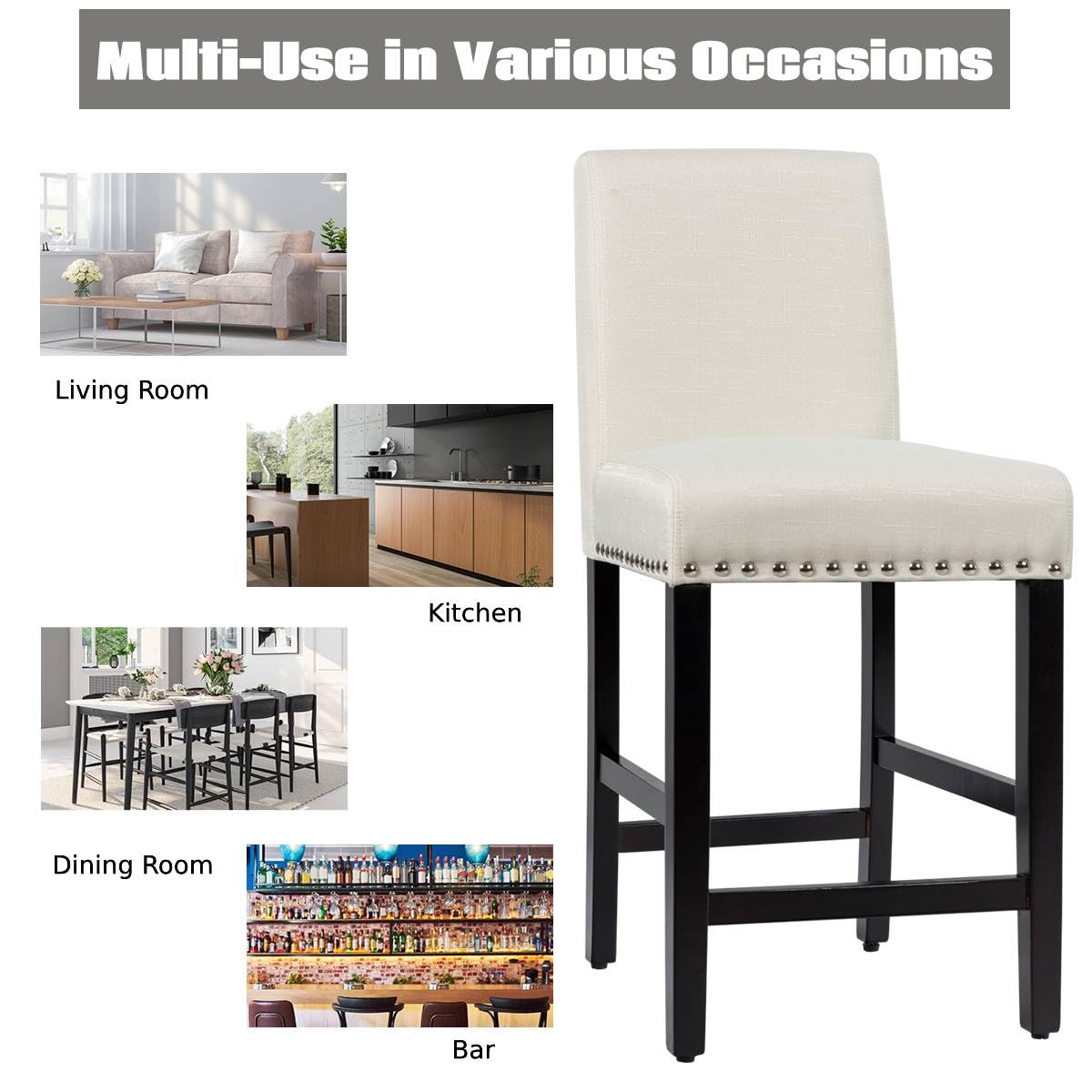 GiantexUK Bar Stools Set of 2, Upholstered Linen Fabric Barstools with Backrest