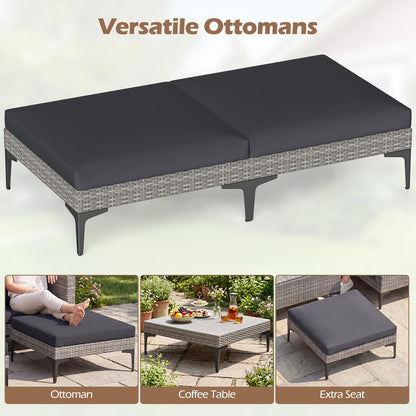 5-Piece Rattan Garden Furniture Set, Patio Conversation Set with 2 Chairs, 2 Ottomans, Coffee Table & Thick Cushions