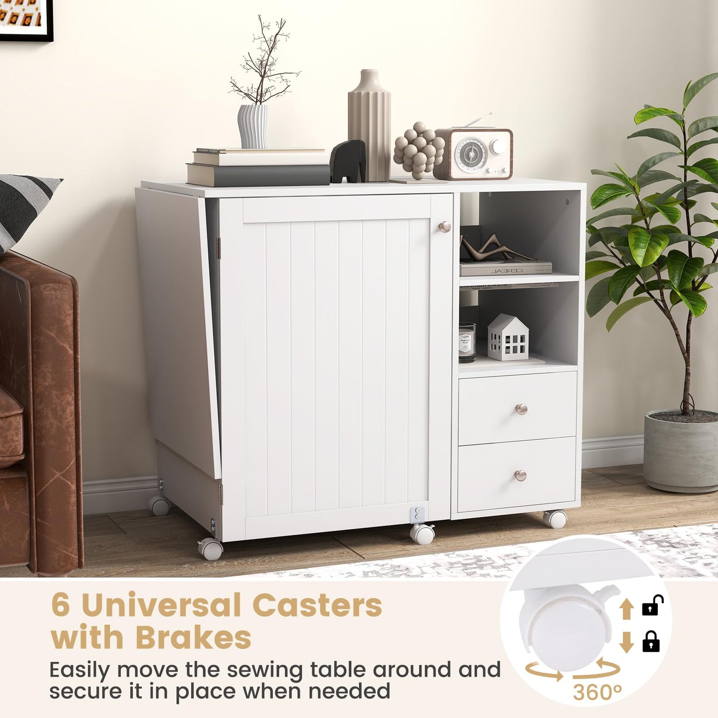 Folding Sewing Table with Charging Station, Craft Table (Natural) | Drop Leaf