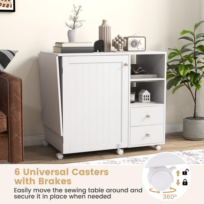 Folding Sewing Table with Charging Station, Craft Table (Natural) | Drop Leaf