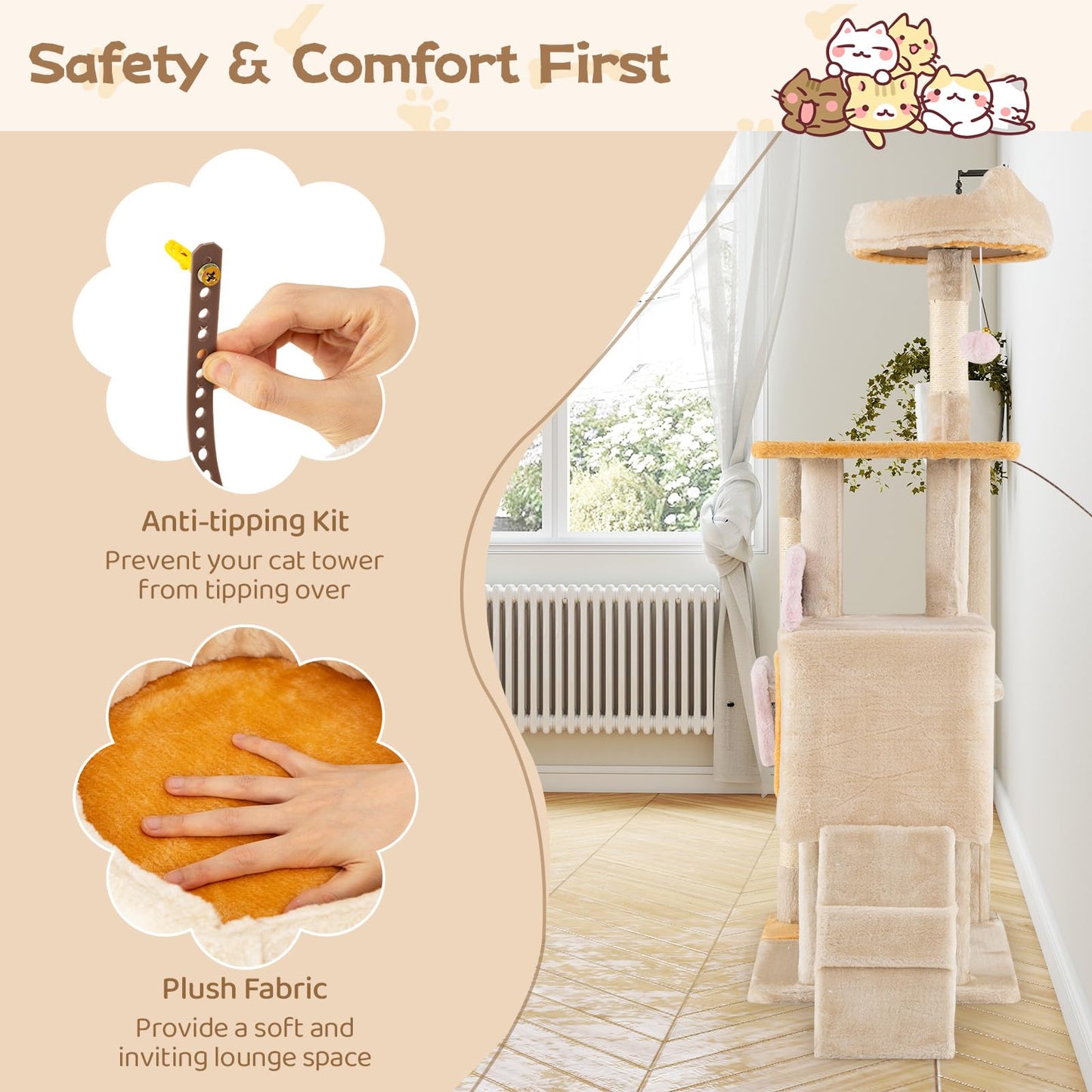 Cat Tree, 125cm Tall Modern Cats Tower with Plush Perch, Condo, Platforms