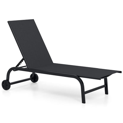 Garden Sun Lounger with Wheels, 6 Positions Adjustable Outdoor Chaise Lounge Chair