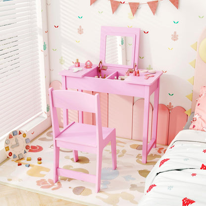 2 in 1 Kids Vanity Table and Chair Set with Flip Top Mirror Hidden Storage