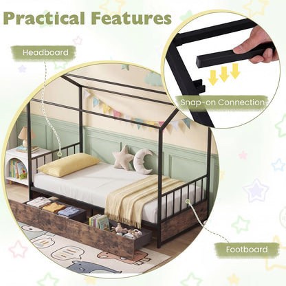 Kids Bed Frame, 3FT Single Size House Bed with Roof, 2 Drawers, Headboard & Footboard