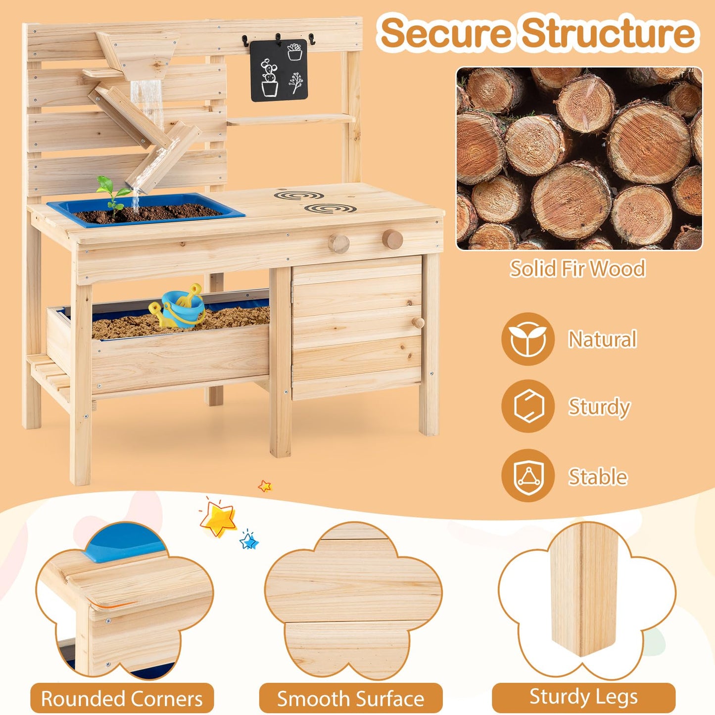 Mud Kitchen, Fir Wood Kids Play Kitchen with Detachable Sandbox