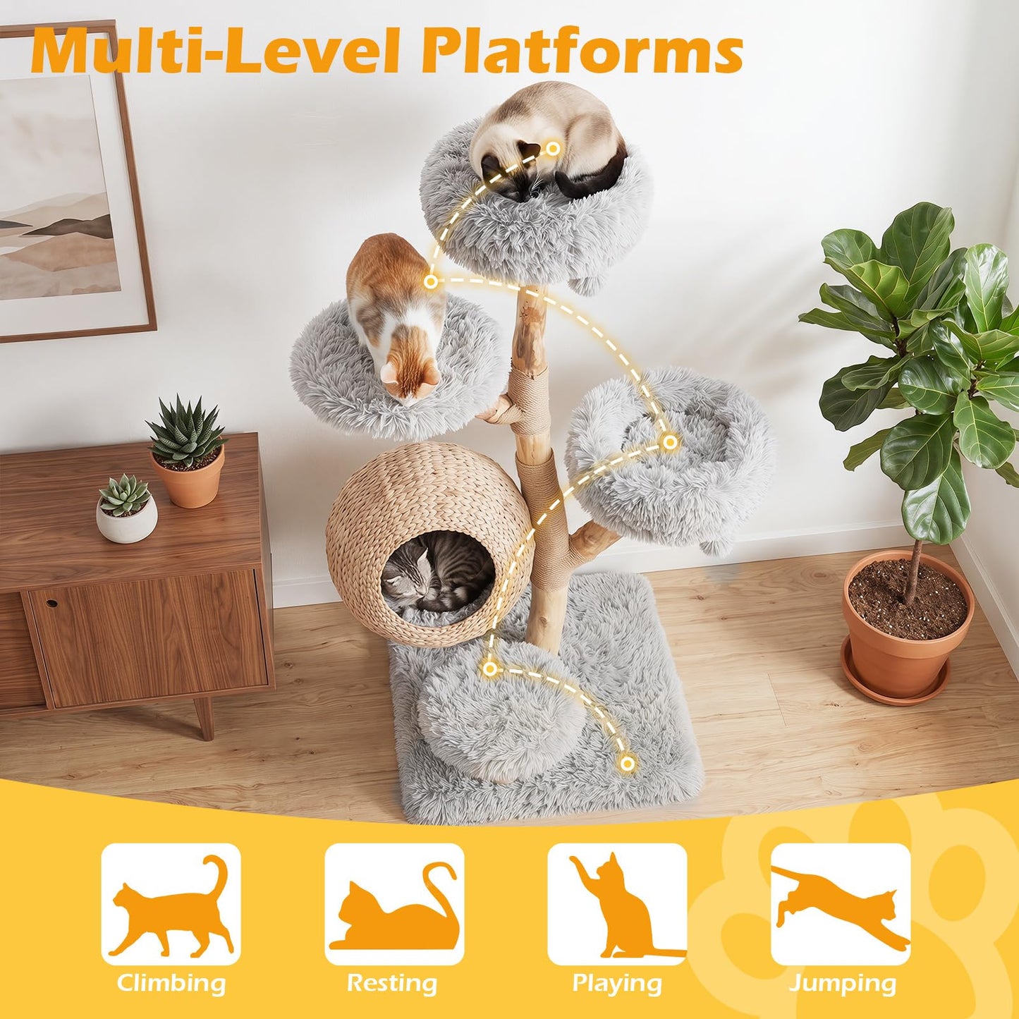 134CM 5-Tier Cat Tree with Woven Cat Condo and Hanging Balls
