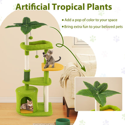 Cute Cat Tree for Adult Cats Multi-level Kitty Tower with Artificial Leaves