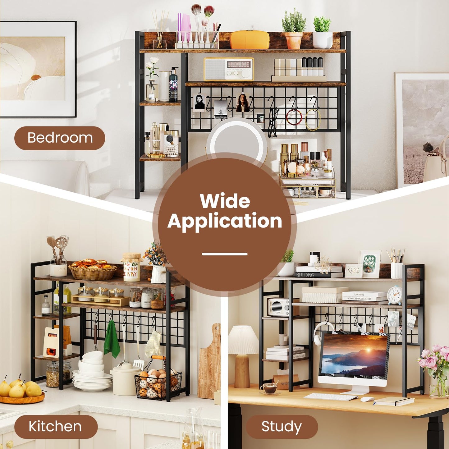 Desktop Bookshelf with 4 Open Storage Shelves for Computer Monitor Up to 32 Inch
