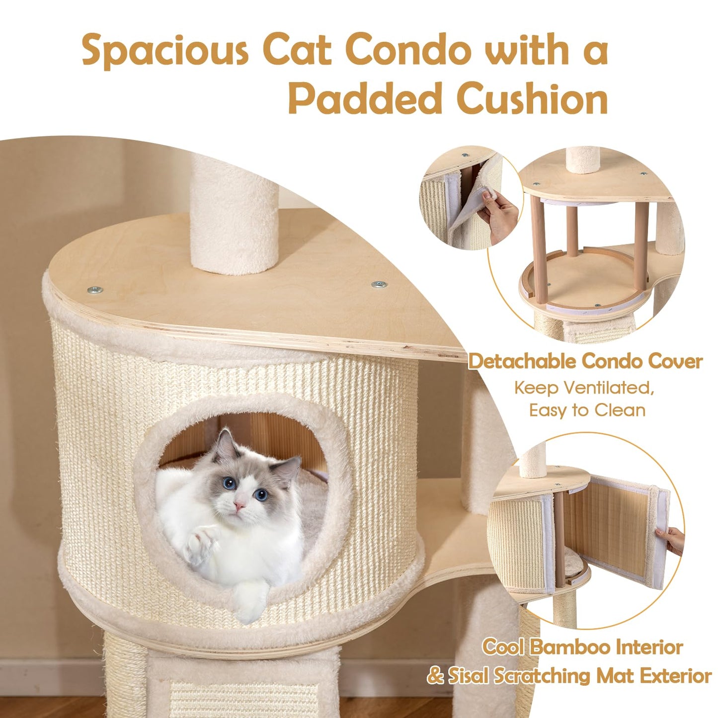 Extra Large Wooden Cat Tree with Cat Condo and Washable Cushions