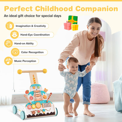 Height Adjustable Wooden Baby Walker with Activity Center