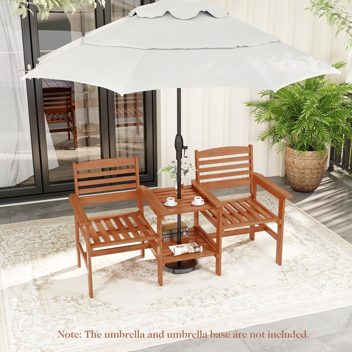 2-Seater Wooden Bench Seat with 2 Tier Coffee Table and Umbrella Hole