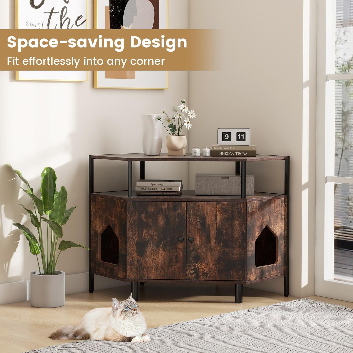 Corner Cat Litter Box Enclosure with Open Shelf