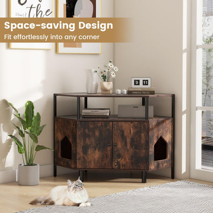 Corner Cat Litter Box Enclosure with Open Shelf