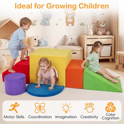 6 Pieces Foam Climbing Blocks for Kids with Slide and Tunnel for Toddlers 3+